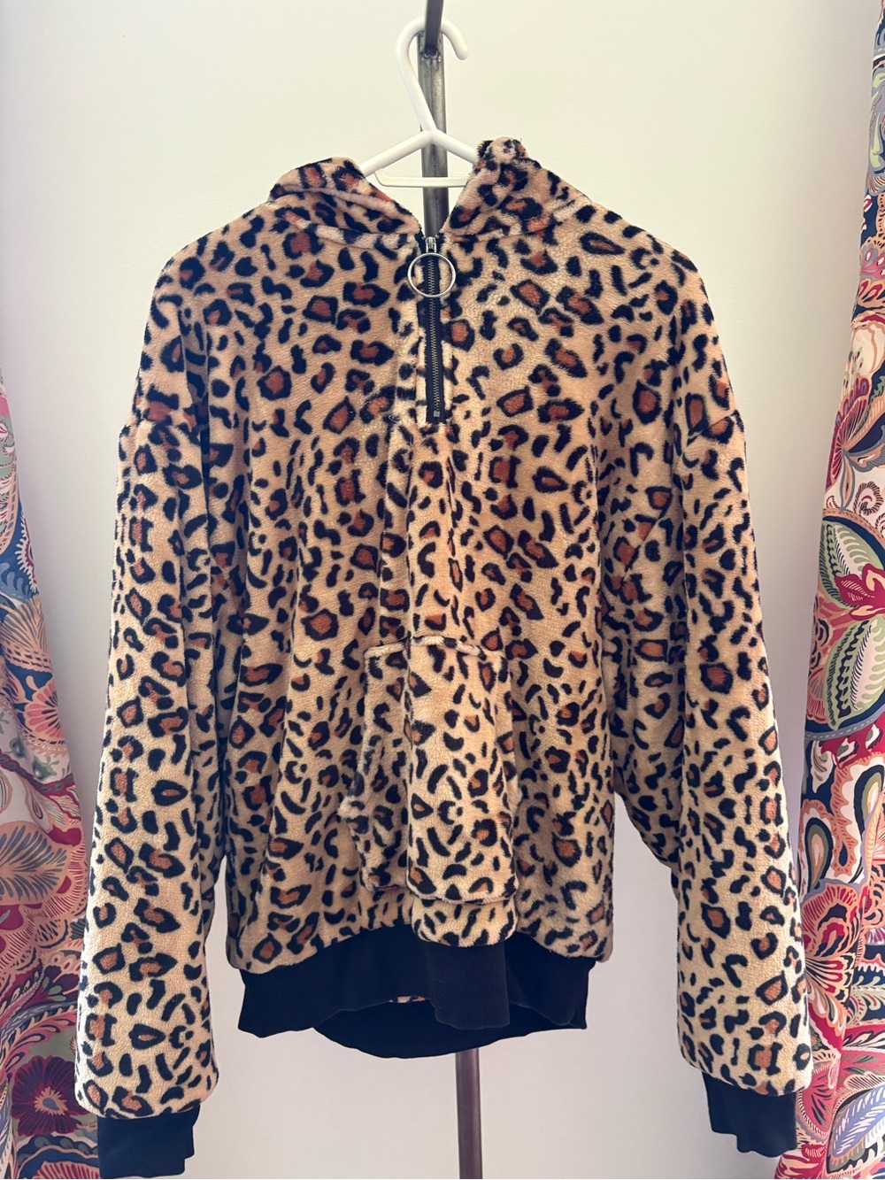 Men's Leopard Print Teddy Hoodie Jacket - Tan/Black
